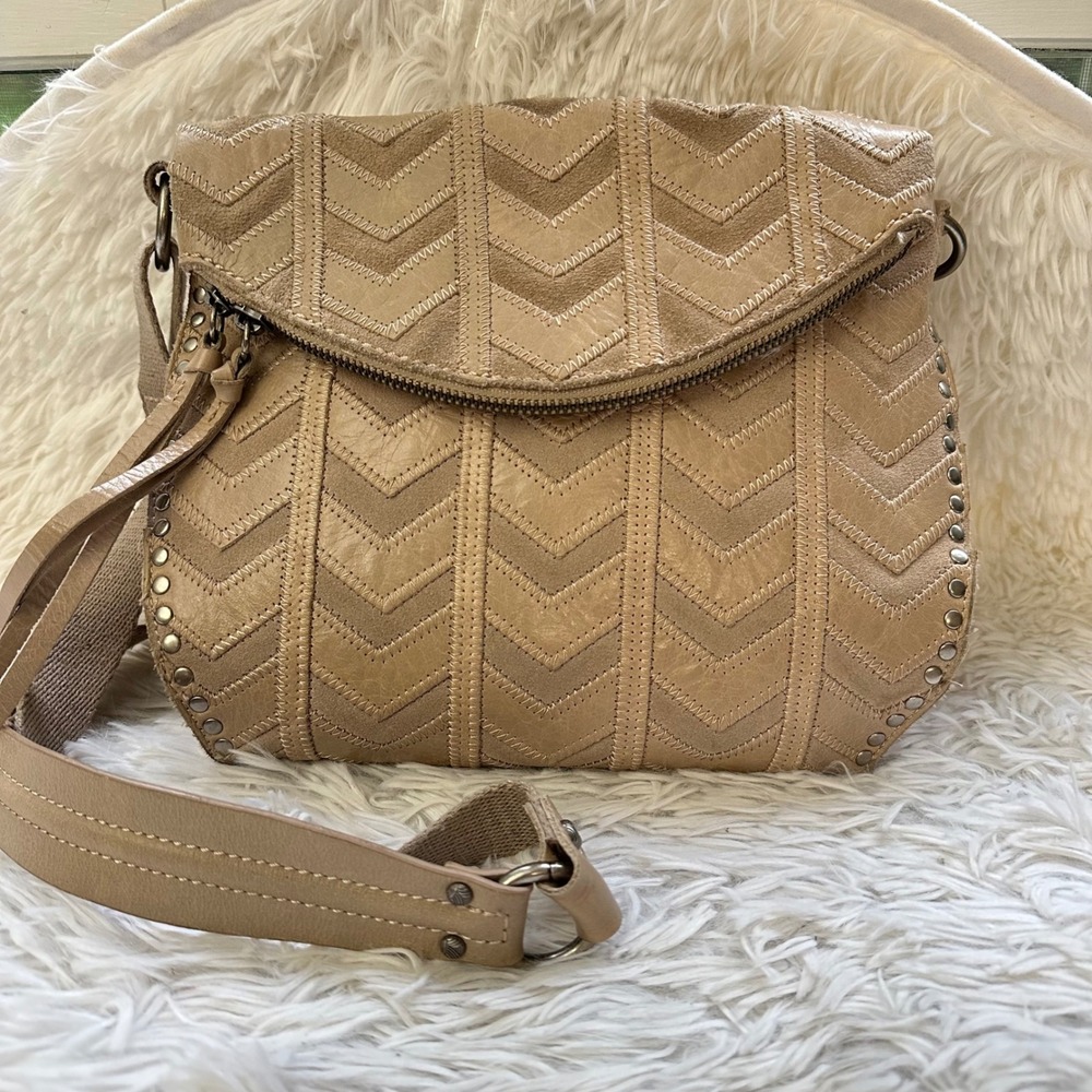 The Sak Tan Leather Silverlake Collection Suede Chevron Studded Crossbody Bag